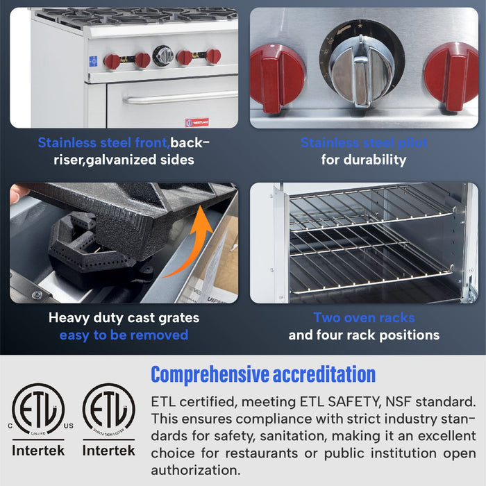 WESTLAKE Commercial Gas Range 36" 6-Burner 210,000 BTU Stainless Steel | RGR36