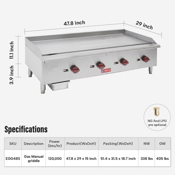 WESTLAKE Commercial Gas Griddle 48" 4-Burner 120,000 BTU Stainless Steel |  EGG-48S