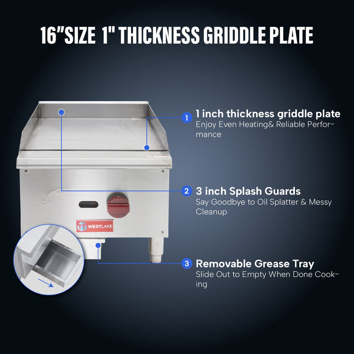 WESTLAKE Commercial Gas Griddle 16" 1-Burner 30,000 BTU Stainless Steel | EGG-16S