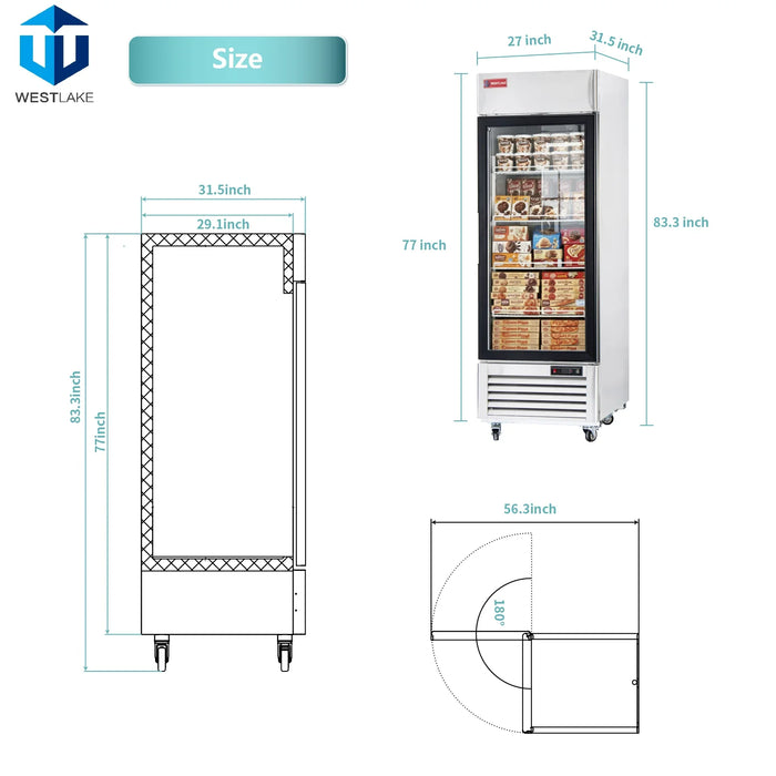 WESTLAKE Commercial Freezer Merchandiser 27" 1-Glass Door 23 Cu.ft Stainless Steel | WK-23FG