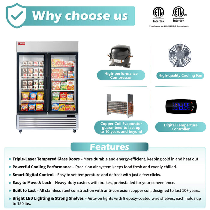 WESTLAKE Commercial Freezer Merchandiser 54" 2-Glass Door 49 Cu.ft. Stainless Steel | WK-49FG