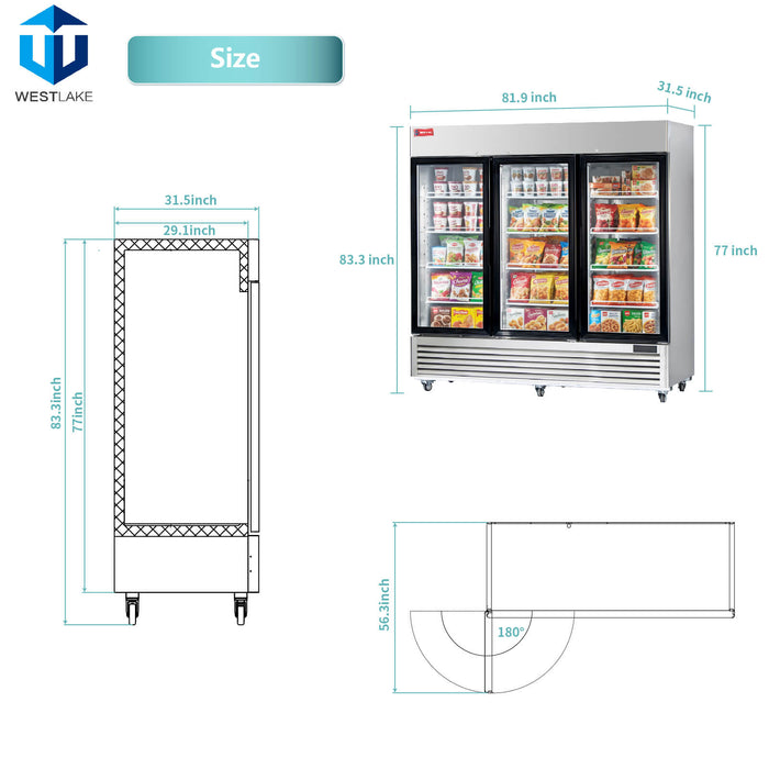 WESTLAKE Commercial Freezer Merchandiser 83" 3-Glass Door 72 Cu.ft. Stainless Steel | WK-83FG
