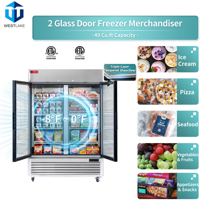 WESTLAKE Commercial Freezer Merchandiser 54" 2-Glass Door 49 Cu.ft. Stainless Steel | WK-49FG
