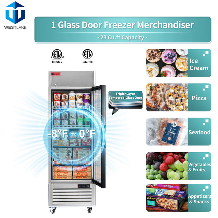 WESTLAKE Commercial Freezer Merchandiser 27" 1-Glass Door 23 Cu.ft Stainless Steel | WK-23FG
