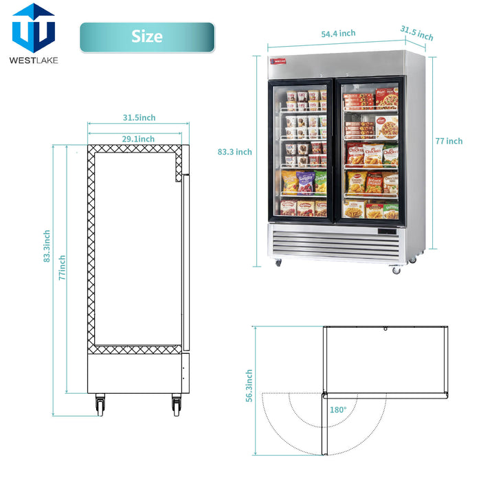WESTLAKE Commercial Freezer Merchandiser 54" 2-Glass Door 49 Cu.ft. Stainless Steel | WK-49FG