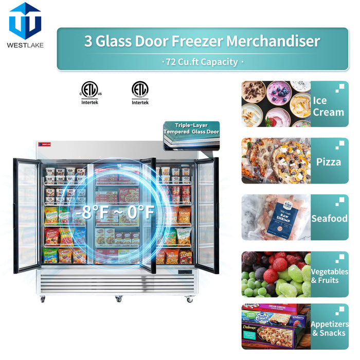 WESTLAKE Commercial Freezer Merchandiser 83" 3-Glass Door 72 Cu.ft. Stainless Steel | WK-83FG