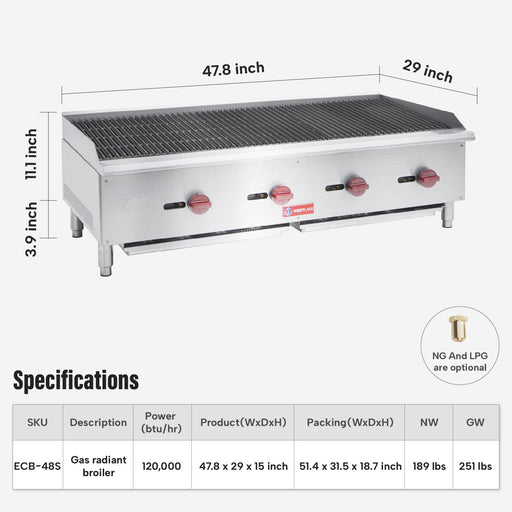 WESTLAKE Commercial Gas Charbroiler 48" 4-Burner 120,000 BTU Stainless Steel |  ECB-48S - Top Restaurant Supplies - Commercial Charbroiler - Westlake Kitchen