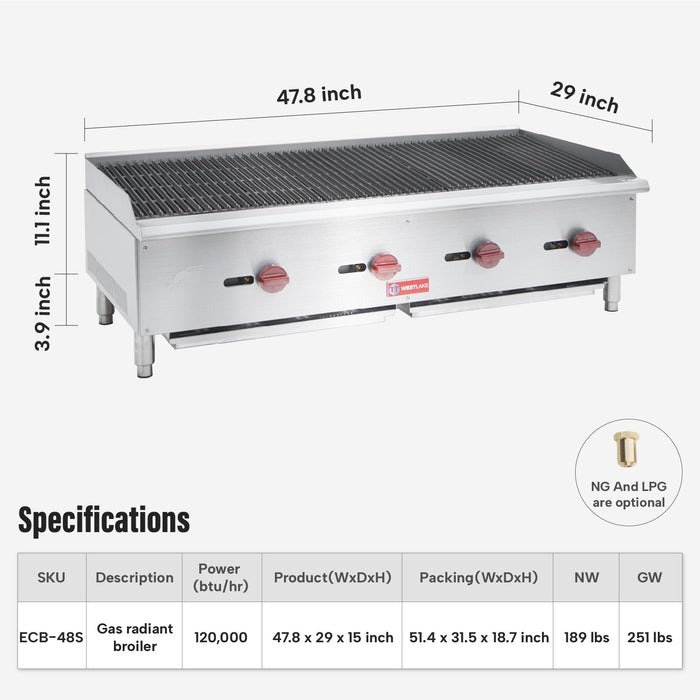 WESTLAKE Commercial Gas Charbroiler 48" 4-Burner 120,000 BTU Stainless Steel |  ECB-48S