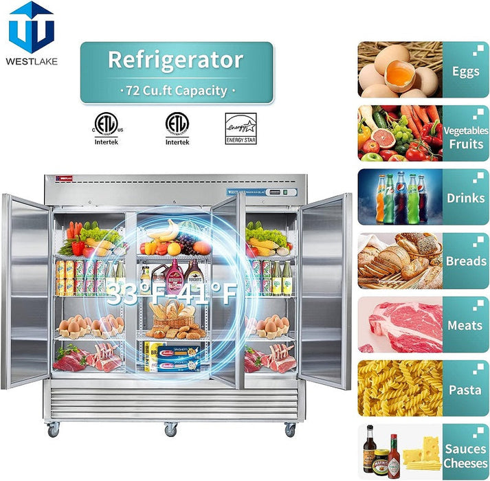WESTLAKE Commercial Refrigerator 82" 3-Door 72 Cu.ft Stainless Steel | WKR-82B