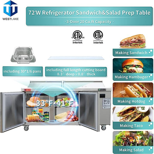 WESTLAKE Commercial Mega Top Prep Table 72" 3-Door 20 Cu.ft Stainless Steel | WKSR-72BM - Top Restaurant Supplies - Sandwich and Salad Prep Table - Westlake Kitchen