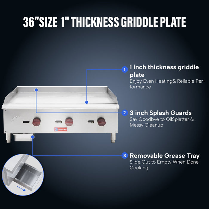 WESTLAKE Commercial Gas Griddle 36" 3-Burner 90,000 BTU Stainless Steel | EGG-36S