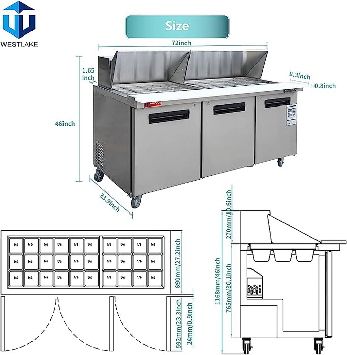 WESTLAKE Commercial Mega Top Prep Table 72" 3-Door 20 Cu.ft Stainless Steel | WKSR-72BM