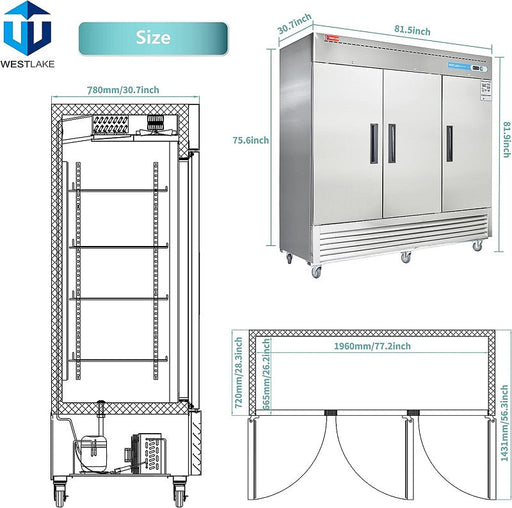 WESTLAKE Commercial Refrigerator 82" 3-Door 72 Cu.ft Stainless Steel | WKR-82B - Top Restaurant Supplies - Commercial Reach in Refrigerator - Westlake Kitchen