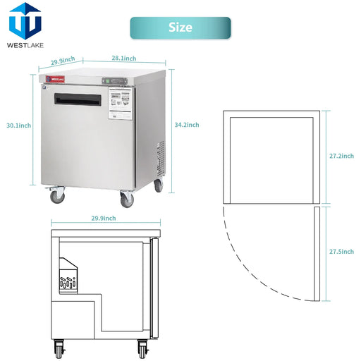 WESTLAKE Commercial Undercounter Freezer 28" 1-Door 6.3 Cu.ft Stainless Steel | WKTF-27B - Top Restaurant Supplies - Commercial Undercounter Freezer - Westlake Kitchen