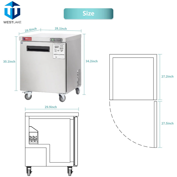 WESTLAKE Commercial Undercounter Freezer 28" 1-Door 6.3 Cu.ft Stainless Steel | WKTF-27B