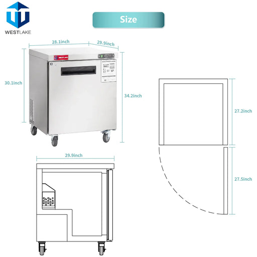 WESTLAKE Commercial Undercounter Refrigerator 28" 1-Door 6.3 Cu.ft Stainless Steel | WKTR-27B - Top Restaurant Supplies - Commercial Undercounter Refrigerator - Westlake Kitchen