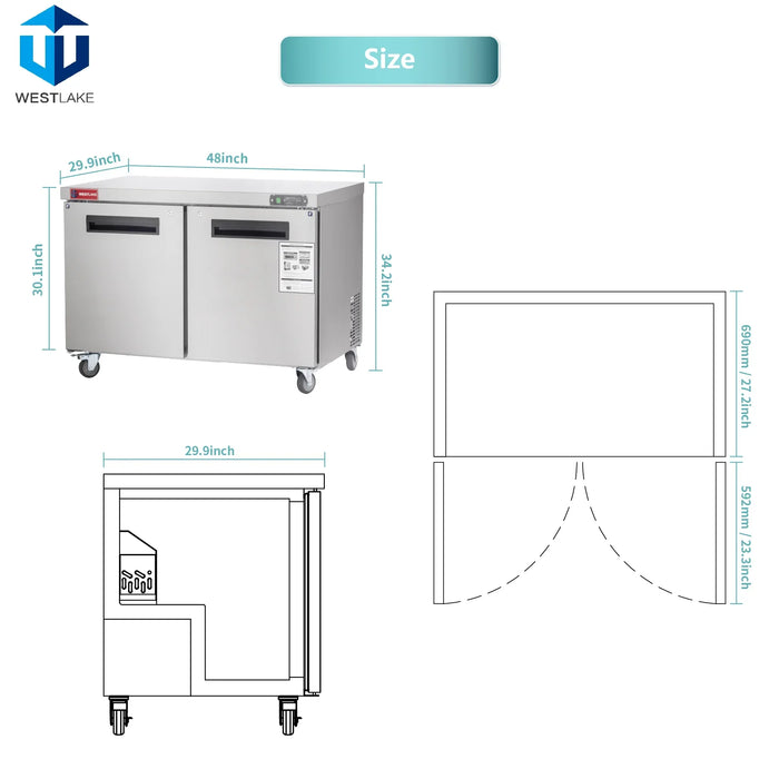 WESTLAKE Commercial Undercounter Freezer 48" 2-Door 12 Cu.ft Stainless Steel | WKTF-48B