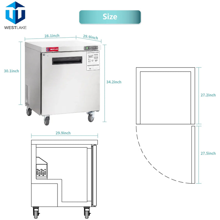WESTLAKE Commercial Undercounter Refrigerator 28" 1-Door 6.3 Cu.ft Stainless Steel | WKTR-27B