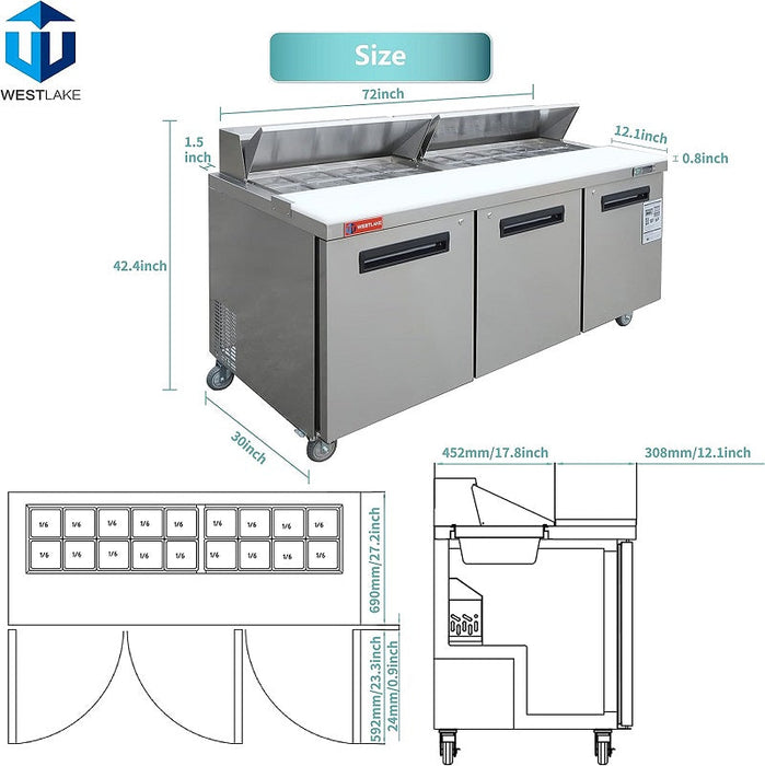 WESTLAKE Commercial Prep Table 72" 3-Door 20 Cu.ft Stainless Steel | WKSR-72B