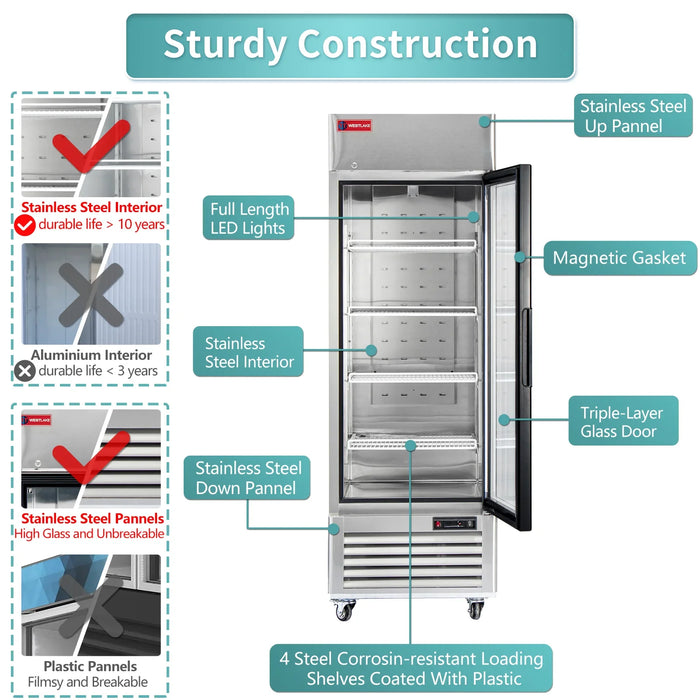 WESTLAKE Commercial Freezer Merchandiser 27" 1-Glass Door 23 Cu.ft Stainless Steel | WK-23FG