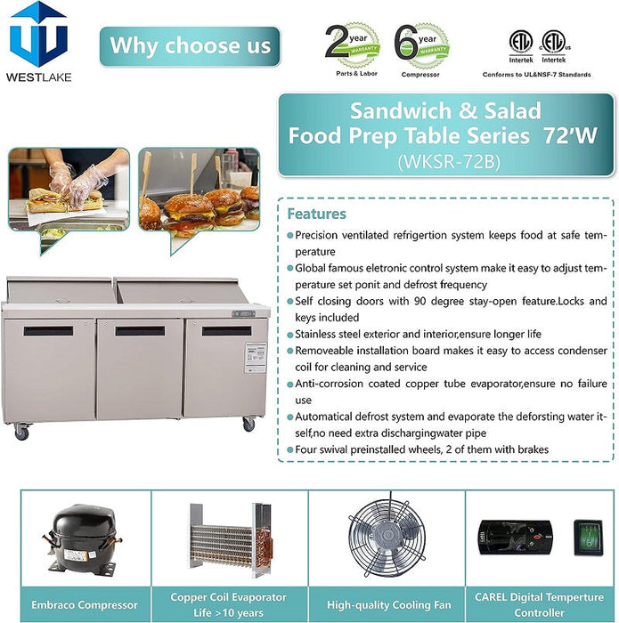 WESTLAKE Commercial Prep Table 72" 3-Door 20 Cu.ft Stainless Steel | WKSR-72B