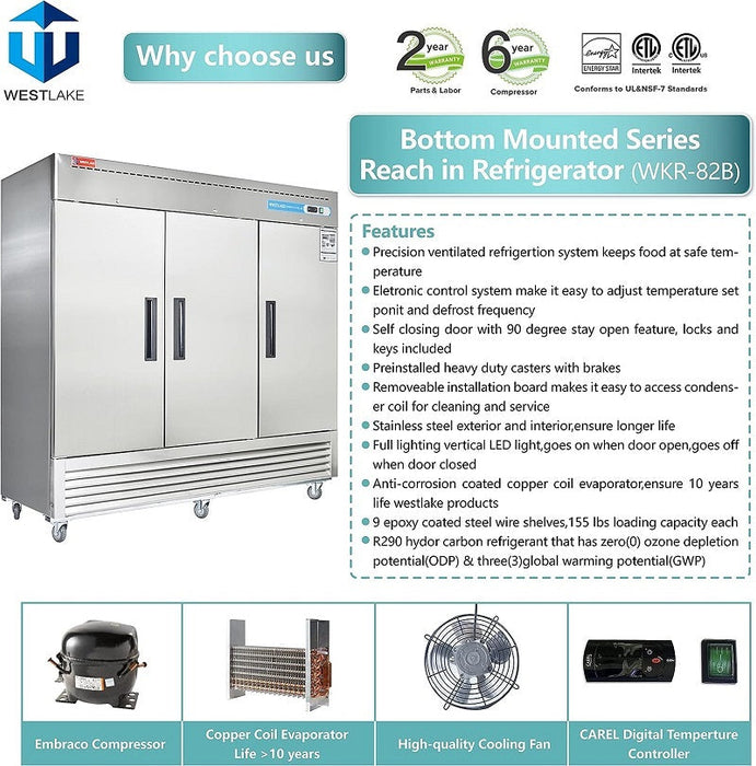WESTLAKE Commercial Refrigerator 82" 3-Door 72 Cu.ft Stainless Steel | WKR-82B