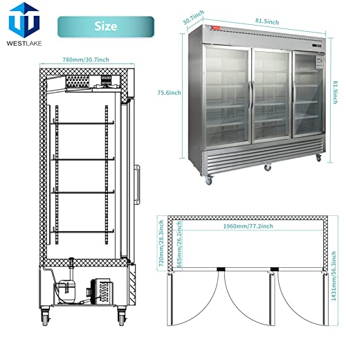 WESTLAKE Commercial Refrigerator Merchandiser 82" 3-Glass Door 72 Cu.ft Stainless Steel | WKR-82BG
