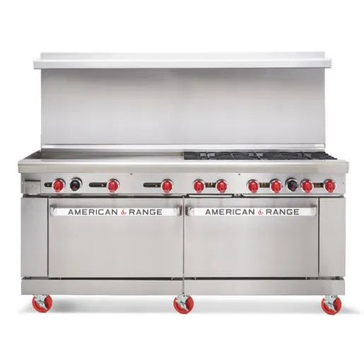Cocina a gas LP de 72", 4 quemadores, plancha de 48", base para dos hornos de convección, 268 000 BTU, modelo AR-48G-4B-CC de American Range