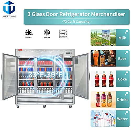 WESTLAKE Commercial Refrigerator Merchandiser 82" 3-Glass Door 72 Cu.ft Stainless Steel | WKR-82BG