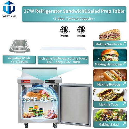 WESTLAKE Commercial Prep Table 27" 1-Door 8-Pan Stainless Steel | WKSR-27B