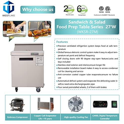 WESTLAKE Commercial Prep Table 27" 1-Door 8-Pan Stainless Steel | WKSR-27B
