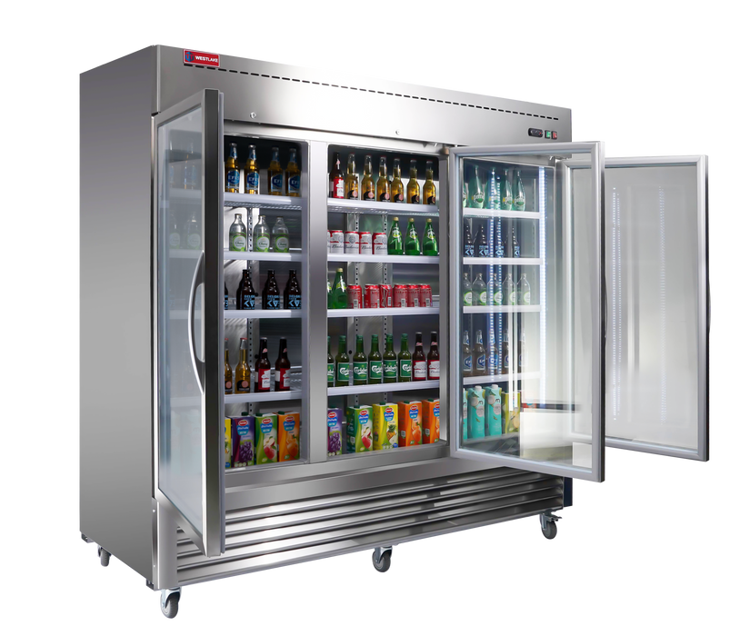 WESTLAKE Commercial Refrigerator Merchandiser 82" 3-Glass Door 72 Cu.ft Stainless Steel | WKR-82BG