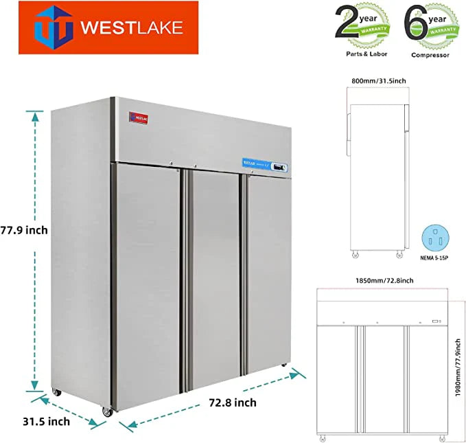Westlake WK-72RF 3 Door 72" Commercial Refrigerator Freezer Combo