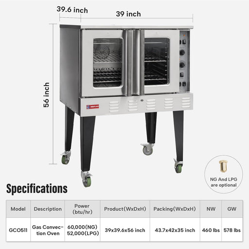 WESTLAKE Commercial Gas Convection Oven 39" Single Deck Full Size 60, 000 BTU Stainless Steel | GCO511 - Top Restaurant Supplies - Commercial Convection Oven - Westlake Kitchen