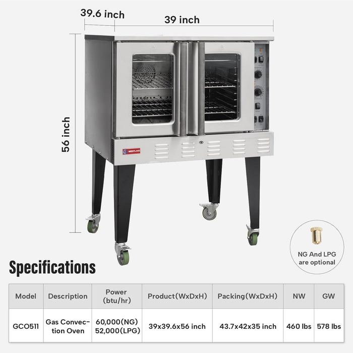 WESTLAKE Commercial Gas Convection Oven 39" Single Deck Full Size 60, 000 BTU Stainless Steel | GCO511