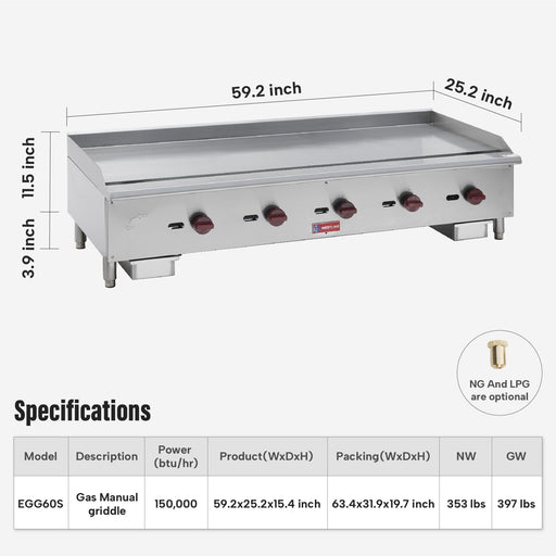 WESTLAKE Commercial Gas Griddle 60" 5-Burner 150,000 BTU Stainless Steel | EGG-60S - Top Restaurant Supplies - Commercial Gas Griddle - Westlake Kitchen