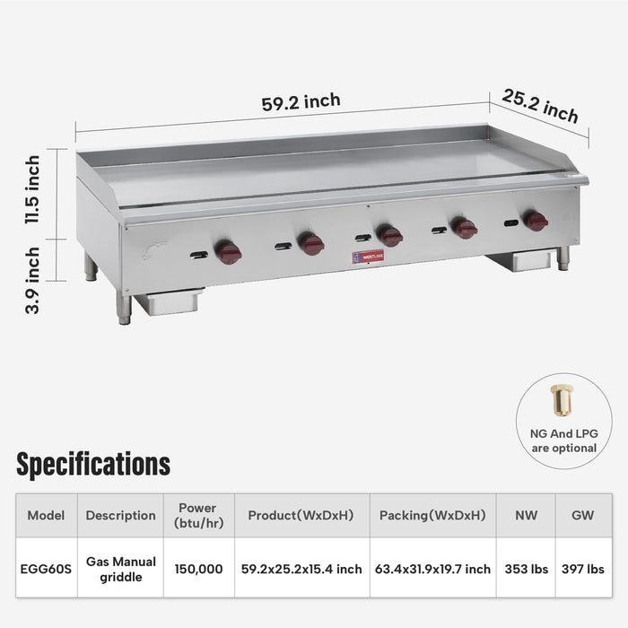 WESTLAKE Commercial Gas Griddle 60" 5-Burner 150,000 BTU Stainless Steel | EGG-60S