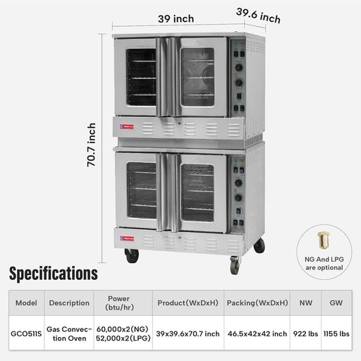 WESTLAKE Commercial Gas Convection Oven 39" Double Deck Full Size 120,000 BTU Stainless Steel | GCO511S - Top Restaurant Supplies - Commercial Convection Oven - Westlake Kitchen