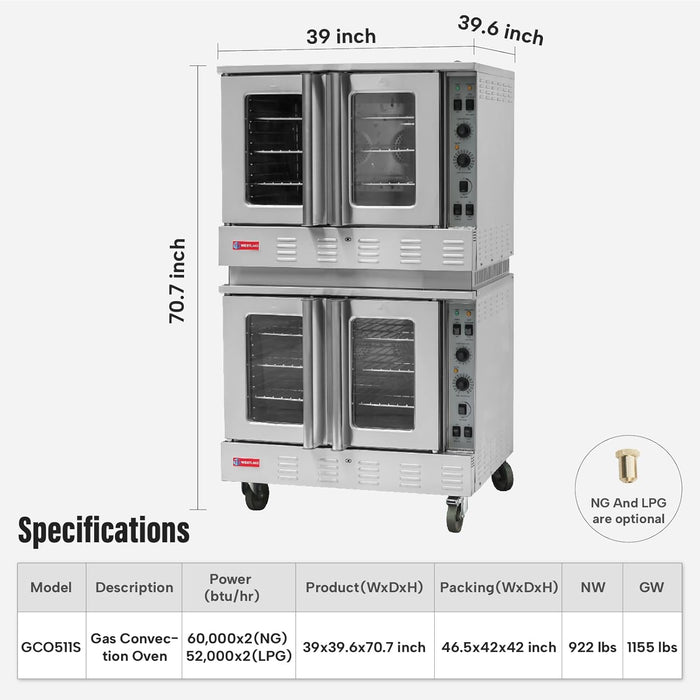 WESTLAKE Commercial Gas Convection Oven 39" Double Deck Full Size 120,000 BTU Stainless Steel | GCO511S
