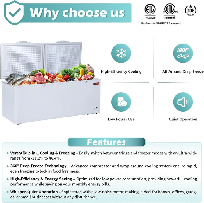 WESTLAKE WK-BD700 Commercial Chest Freezer 24 Cu.Ft, ETL Listed, Convertible Thermostat,  Removable Basket