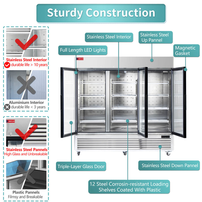 WESTLAKE Commercial Freezer Merchandiser 83" 3-Glass Door 72 Cu.ft. Stainless Steel | WK-83FG