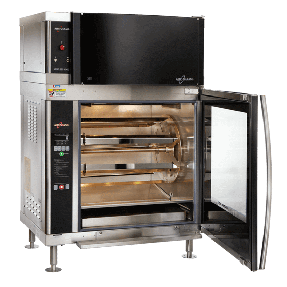 AR-7EVH Ventless Hood Electric Rotisserie Door Open