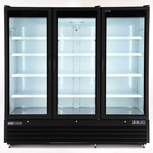 Maxx Cold MXGDM-73FBHC 81” Glass Door Merchandiser Freezer, Large Storage Capacity, Triple Door - Top Restaurant Supplies