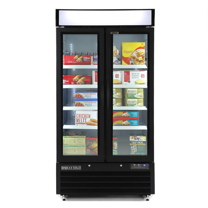 Maxx Cold MXM2-36FBHC Glass Door Narrow Width Merchandiser Freezer, Double Door, Black - Top Restaurant Supplies