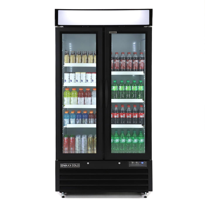 Maxx Cold MXM2-36RBHC Narrow Width Glass Door Merchandiser Refrigerator, Double Door, Black - Top Restaurant Supplies