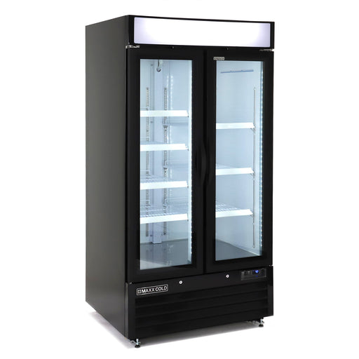 Maxx Cold MXM2-36RBHC Narrow Width Glass Door Merchandiser Refrigerator, Double Door, Black - Top Restaurant Supplies