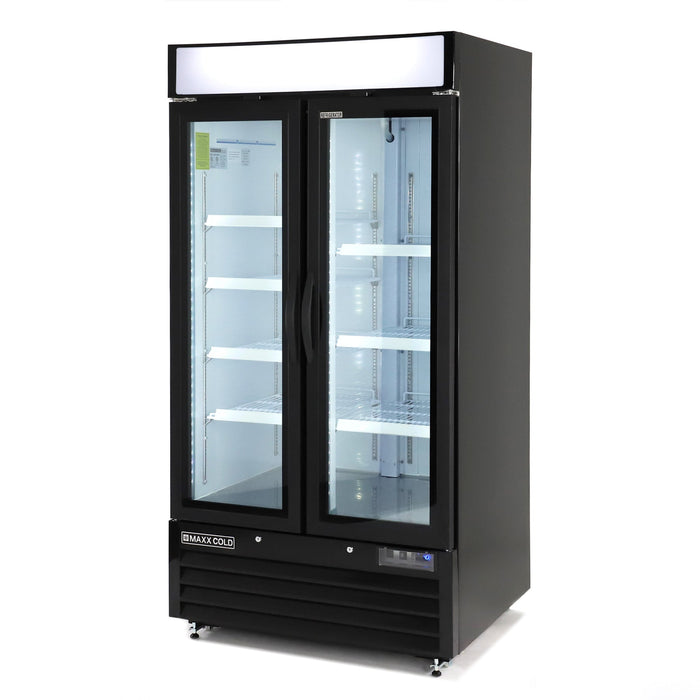 Maxx Cold MXM2-36RBHC Narrow Width Glass Door Merchandiser Refrigerator, Double Door, Black - Top Restaurant Supplies