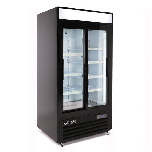 Maxx Cold MXM2-36RSBHC Narrow Width Sliding Glass Door Merchandiser Refrigerator, Double Door, Black - Top Restaurant Supplies