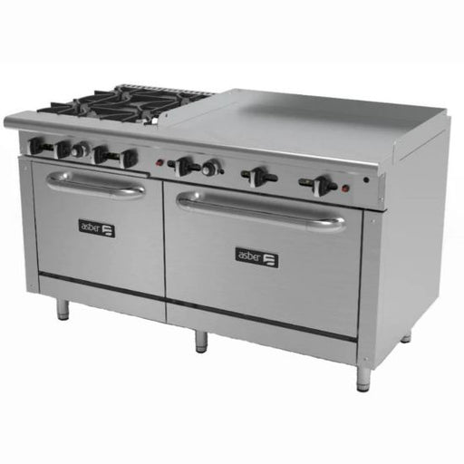 Asber AEMR-2-G36-B4-60-H-NG 60" 4 Burner Natural Gas Restaurant Range with Double Oven and 36" Griddle -252,000 BTU - Top Restaurant Supplies