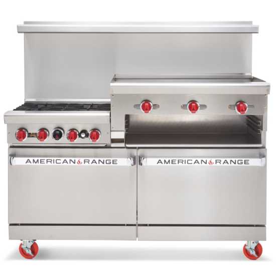 American Range AR-4B-36RG-LP 60" 4 Burner & 36" Raised Griddle Heavy-Duty Restaurant Range with 2 Ovens - Liquid Propane Gas 258,000 BTU - Top Restaurant Supplies - Manual Griddle - Liquid Propane - American Range
